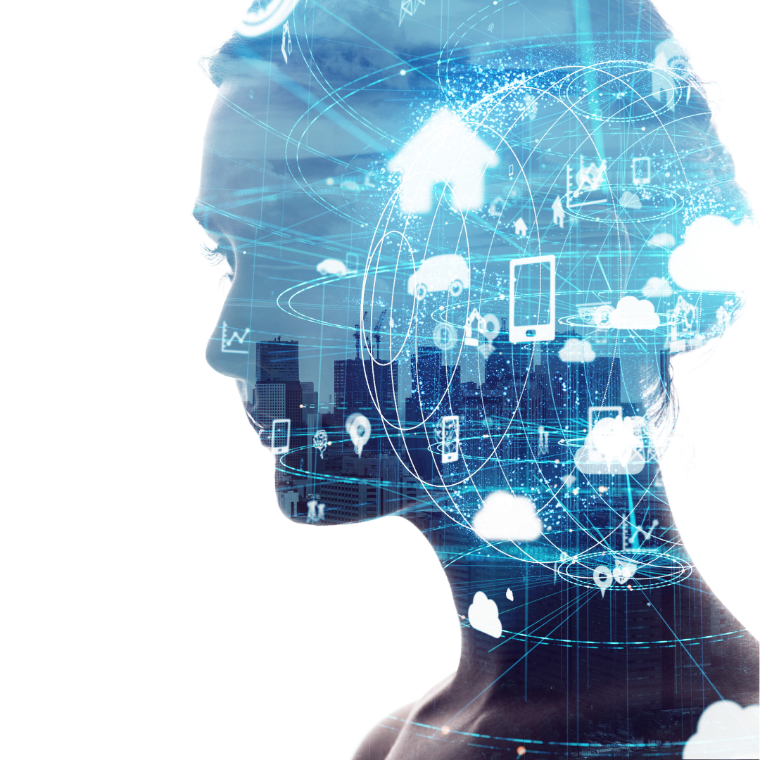 A woman's silhouette of a head and neck showing an icon/image of data or software