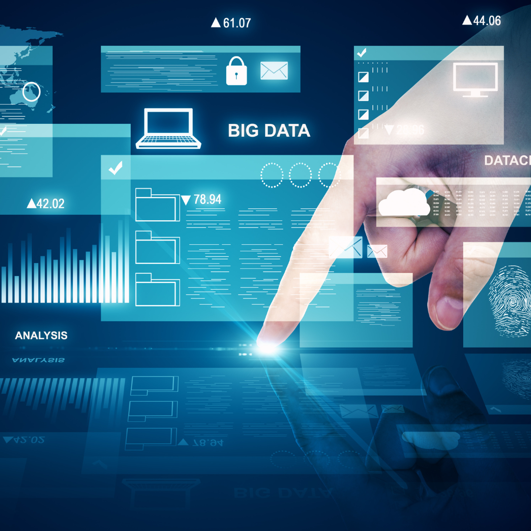 A finger pressing an icon surrounded by other icons portraying data in software.