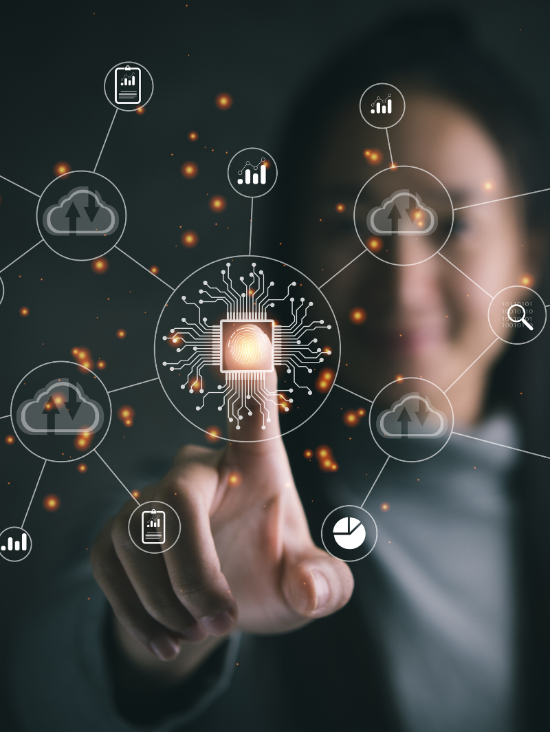 A woman pressing the screen of a graphic showing Iot Cloud Services