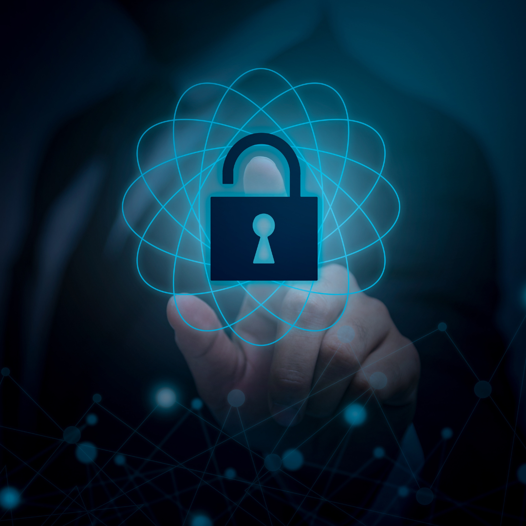 An image of a hand pointing towards and pressing an icon portraying a security lock.