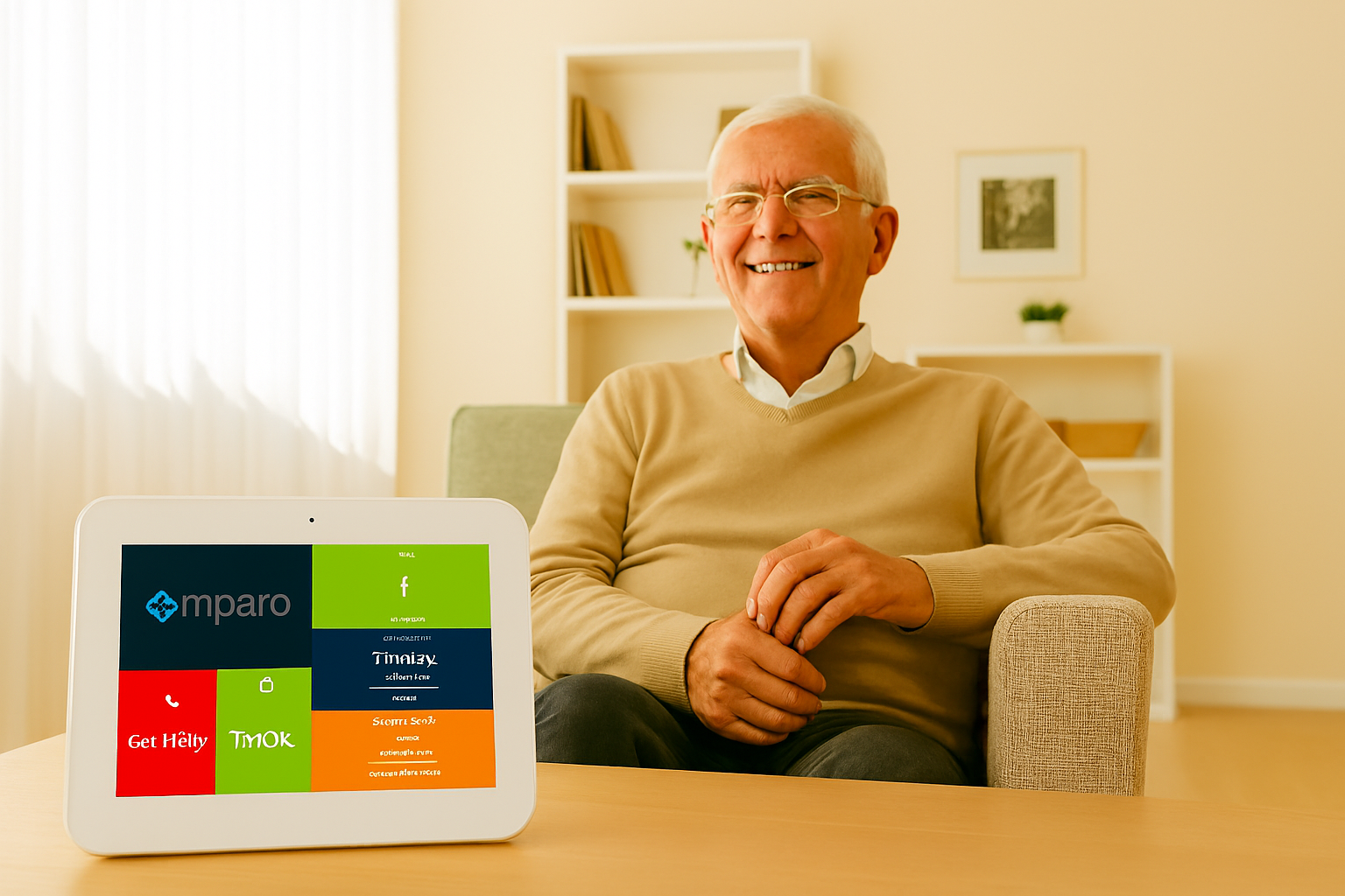 Amparo-Vita+ with happy eldery man Picture showing the Amparo Vita+ Dispersed Telecare Alarm app